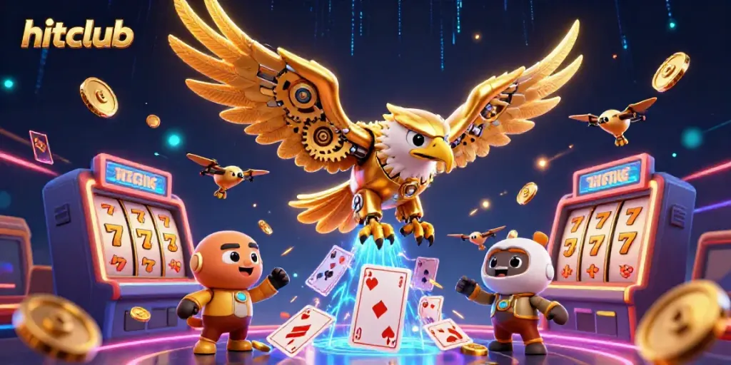 Experience action with hitclub, featuring a golden eagle diving through vibrant holographic cards and game elements.