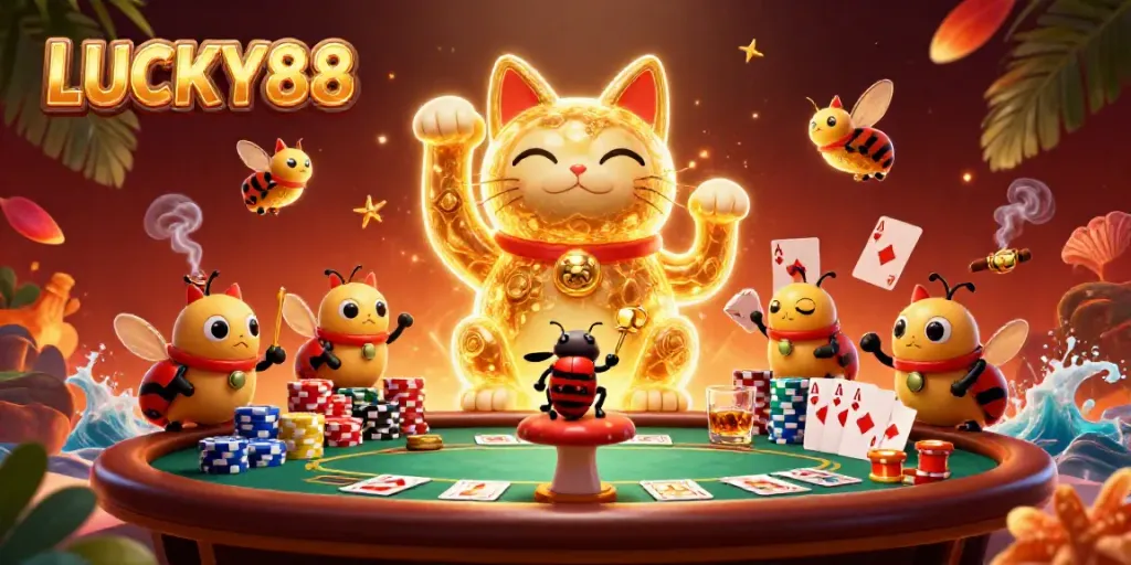 Experience the excitement of LUCKY88 with a vibrant casino-themed illustration.