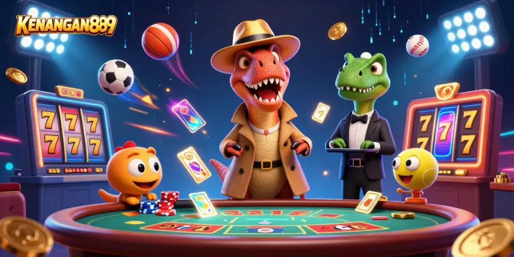 Experience exciting gaming at KENANGAN889 with a vibrant scene of animated cartoon dinosaurs at a blackjack table.