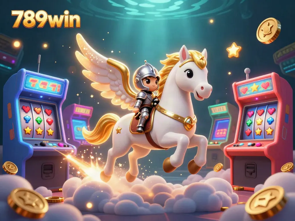Experience the excitement of 789win with a magical knight riding a celestial horse amidst vibrant casino elements.