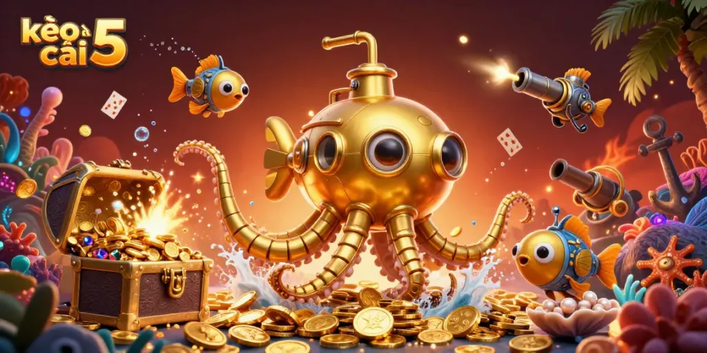 Visualize kèo nhà cái 5 with a golden kraken submarine surfacing in a sea of coins.