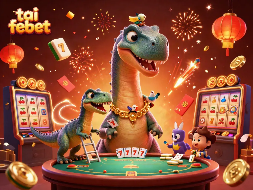Engage with tai febet's vibrant casino scene featuring a brontosaurus and a raptor during card dealing.