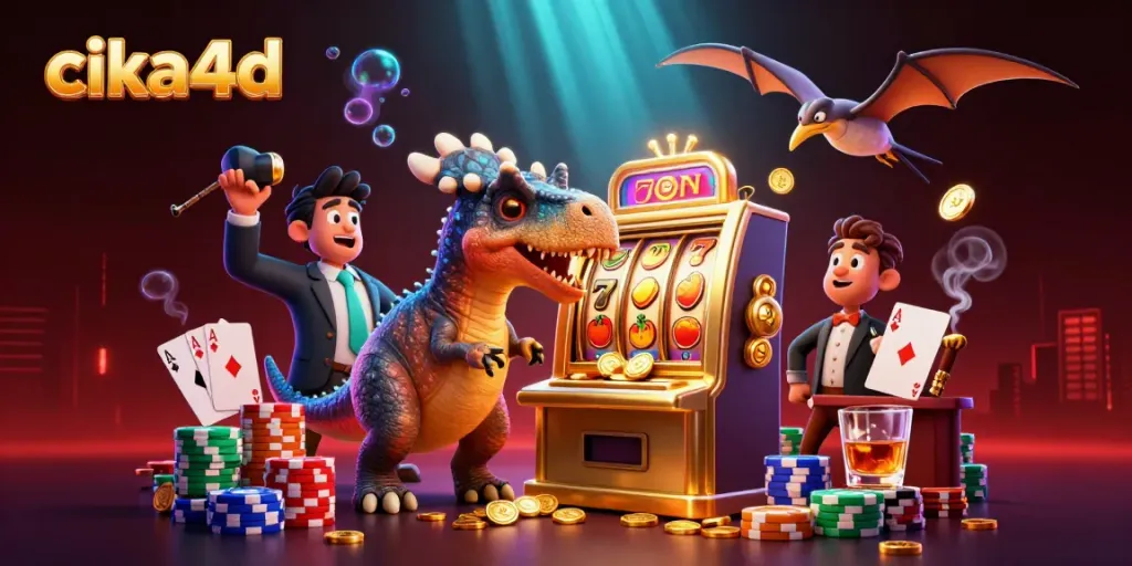 Experience cika4d excitement as a pachycephalosaurus triggers a jackpot at a vibrant casino.