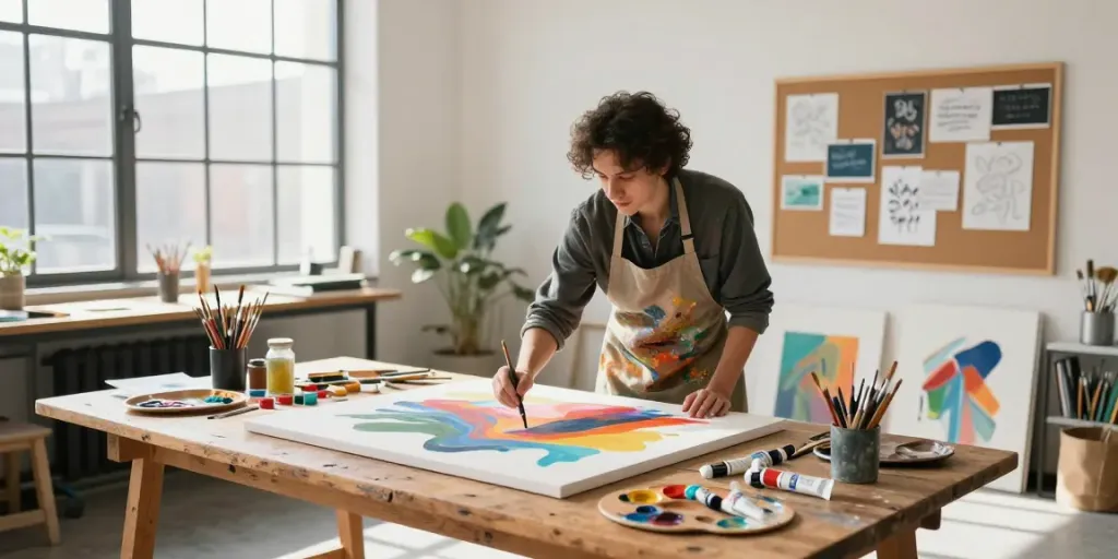 Artist immersed in vibrant creativity at skintoto's modern art studio with colorful paints and canvases.