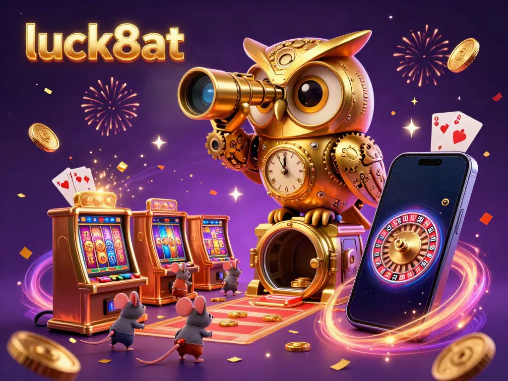 Experience excitement at luck8at with a golden owl surveying a lively casino scene filled with games and energy.
