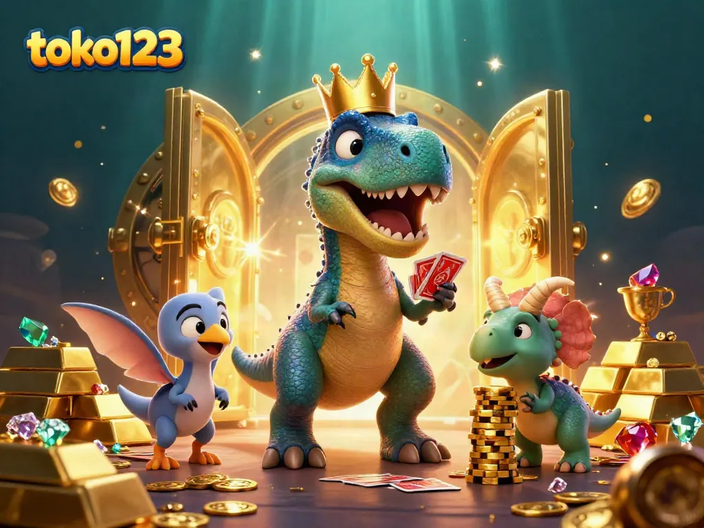 Experience the thrilling world of gambling with toko123's vibrant dinosaur casino scene featuring a T-Rex and friends.