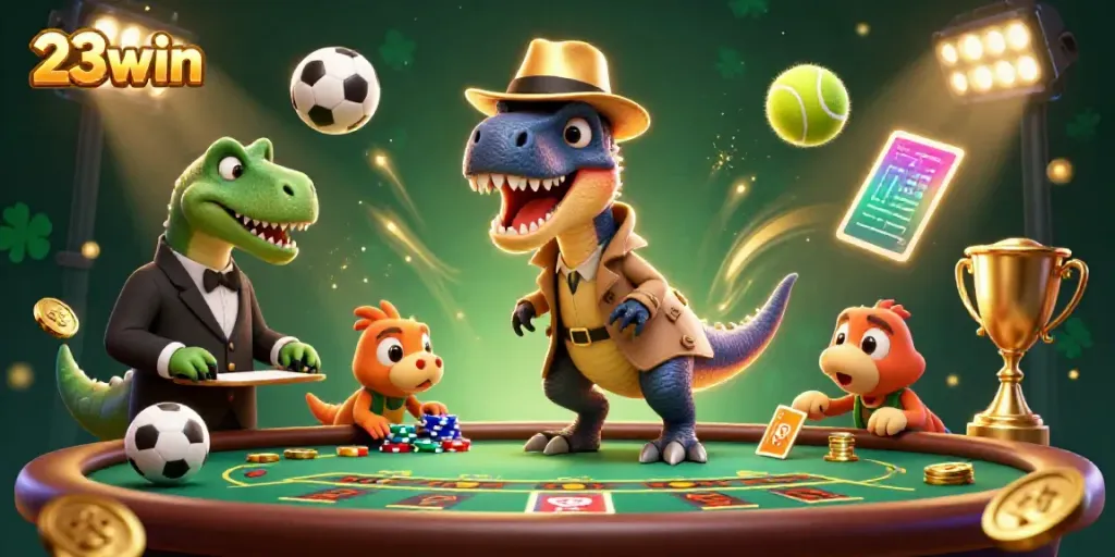 Join the action at 23win with a cartoon velociraptor at the blackjack table amid cheering sports elements.