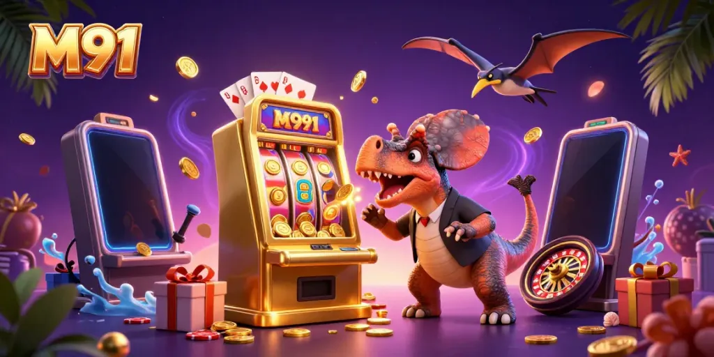 M91 jackpot scene with a cartoon dinosaur winning coins from a golden slot machine.