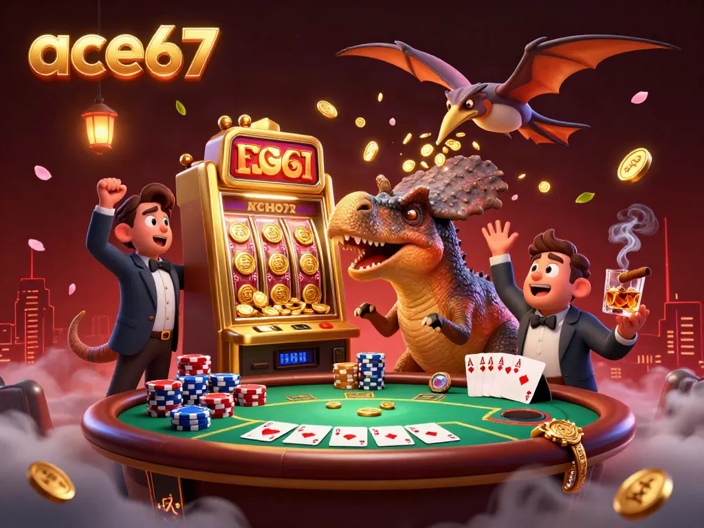 Experience the excitement of ace67 as dinosaurs collide with a golden slot machine in a dynamic casino scene.