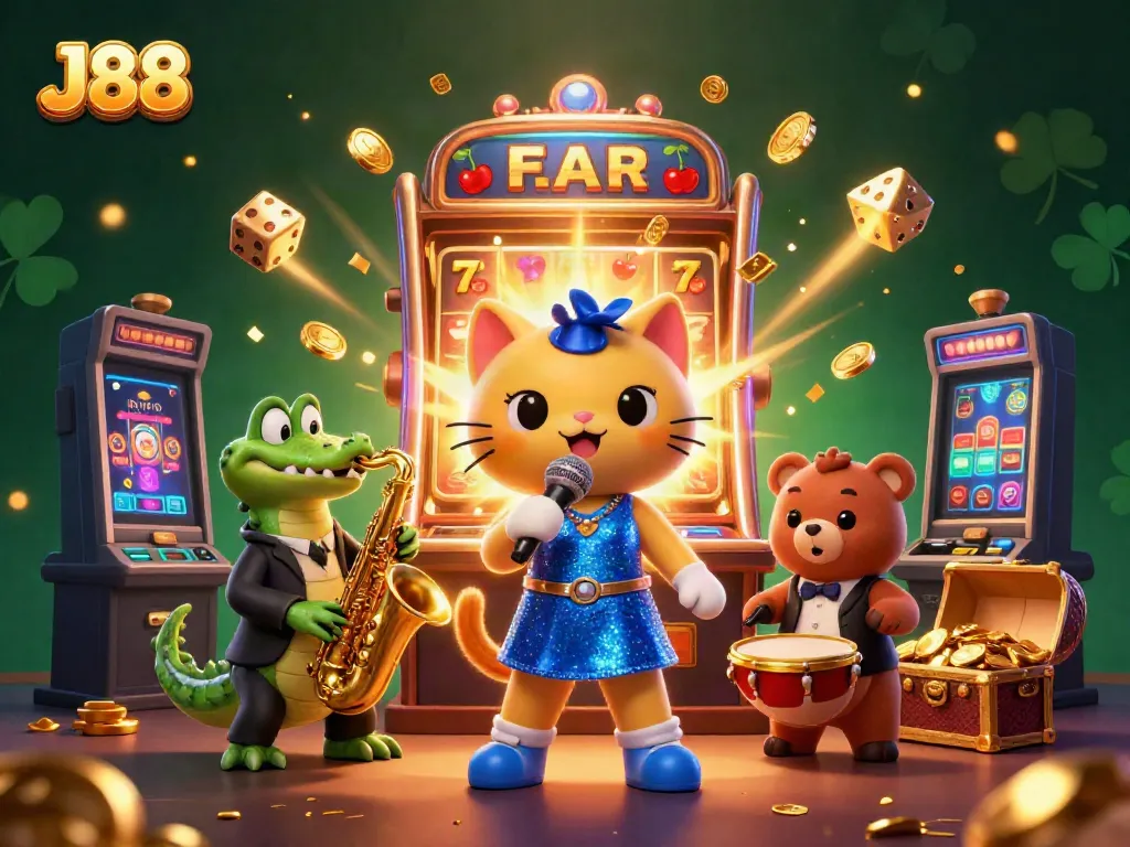 Catch the excitement of J88 as a cartoon jazz-singer cat performs on stage with vibrant slot machine elements in a casino