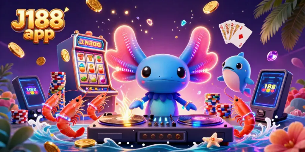 Engage with the vibrant J188 app in this lively casino scene featuring a neon-colored DJ, animated sea creatures, and dynamic game elements.
