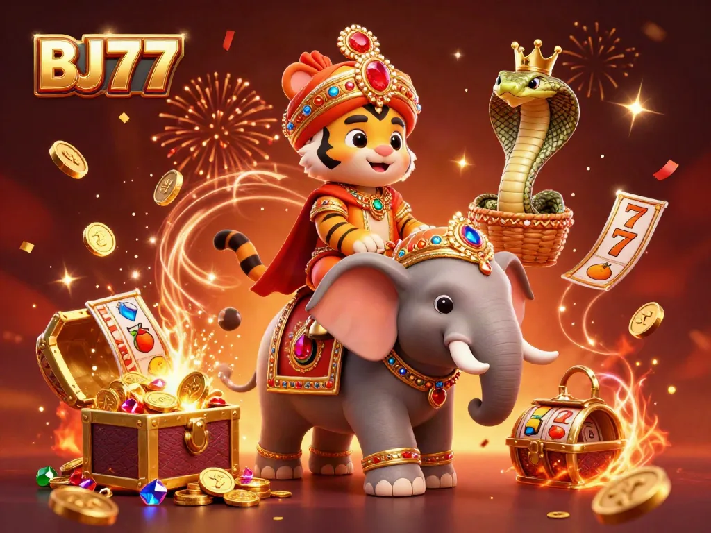 Experience thrilling gameplay with BJ77 as a cartoon maharaja tiger and elephant celebrate in a vibrant casino scene.