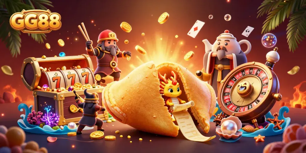 Engage in thrilling casino games at GG88 featuring a vibrant 3D casino scene filled with fortune cookies and dragons.