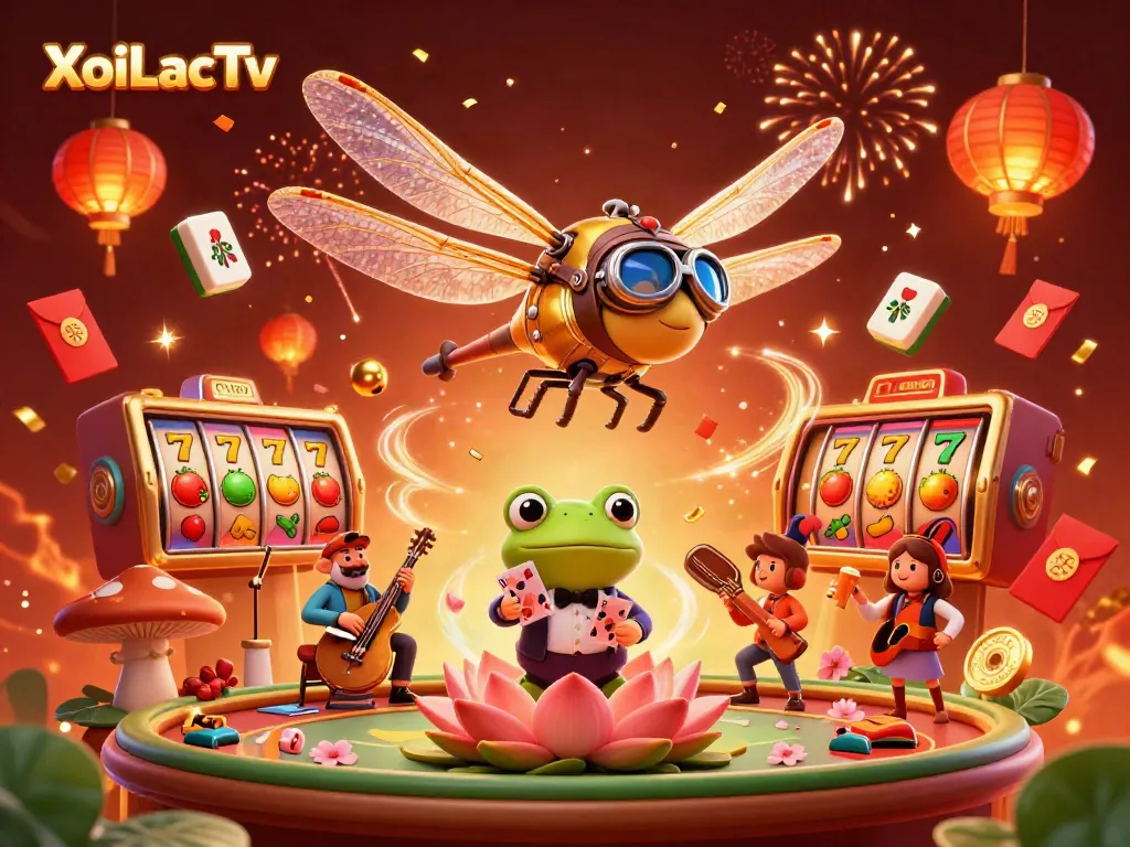 XoiLacTv showcases a vibrant casino scene with dynamic gambling elements from slot machines and festive characters.