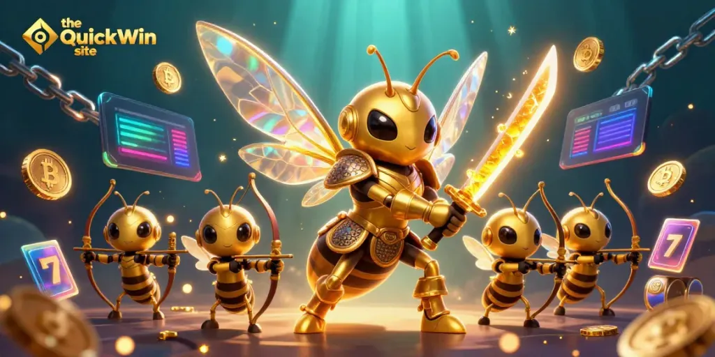 Experience the QuickWin site's exciting atmosphere with vivid 3D illustrations capturing vibrant casino elements and characters.