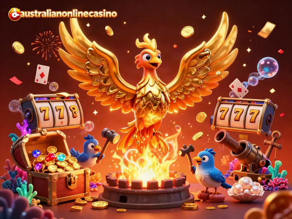 Experience the excitement of australianonlinecasino with a dynamic 3D scene featuring a golden phoenix and gaming elements.